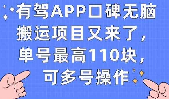 有驾APP口碑无脑搬运项目又来了，单号最高110块，可多号操作-千寻创业网