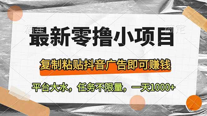 （14230期）最新零撸小项目，复制粘贴抖音广告即可赚钱，平台大水，任务不限量，一…-千寻创业网