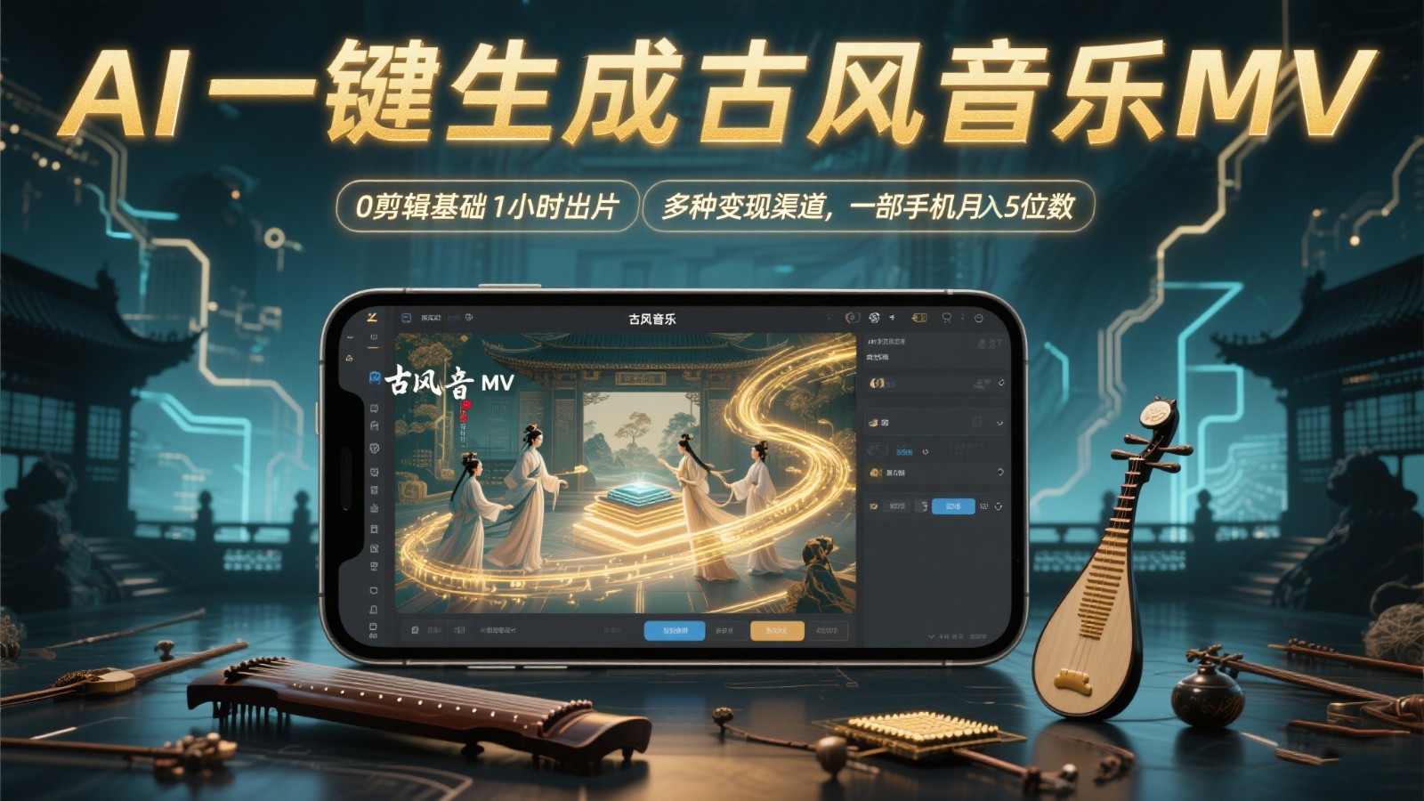 AI一键生成古风音乐MV，0剪辑基础1小时出片，多种变现渠道，一部手机月入5位数-千寻创业网