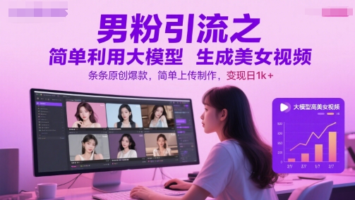 男粉引流之简单利用大模型生成美女视频，条条原创爆款，简单上传制作，变现日1k+-千寻创业网