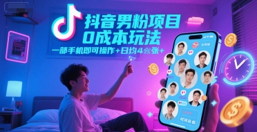 抖音男粉项目0成本玩法，一部手机即可操作，日均4张+，时间自由-千寻创业网