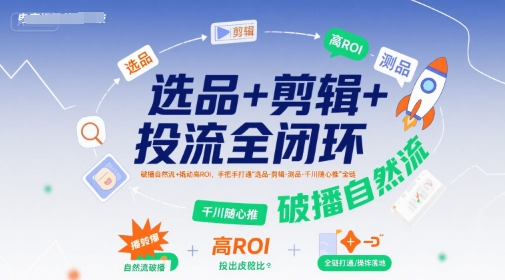 选品+剪辑+投流全闭环，破播自然流+撬动高ROI，手把手打通“选品-剪辑-测品-千川随心推”全链-千寻创业网