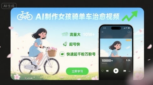AI制作女孩骑单车治愈视频，流量大，起号快，快速起千粉万粉号-千寻创业网