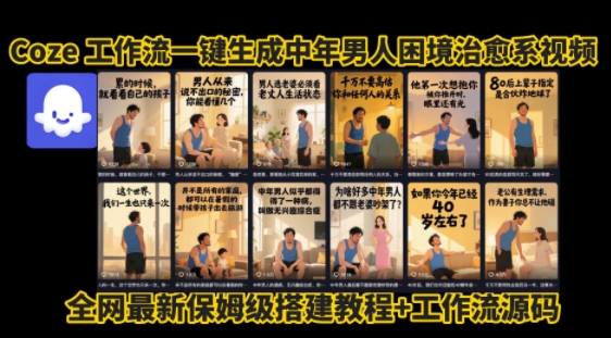 coze工作流一键生成”中年男人困境扎心高涨粉高播放量图文视频”保姆级拆解教程，无需剪辑，无需拍摄写文案-千寻创业网