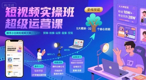 短视频实操班超级运营课，新手小白到短视频大神必修课程，剪辑-拍摄-运营-直播-变现-千寻创业网