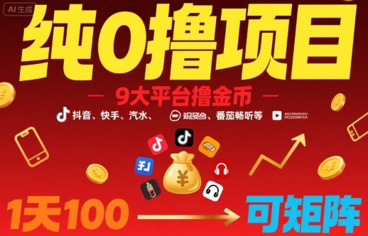 纯0撸项目，9大平台撸金币，抖音，快手，汽水，番茄畅听等，1天100，可矩阵-千寻创业网
