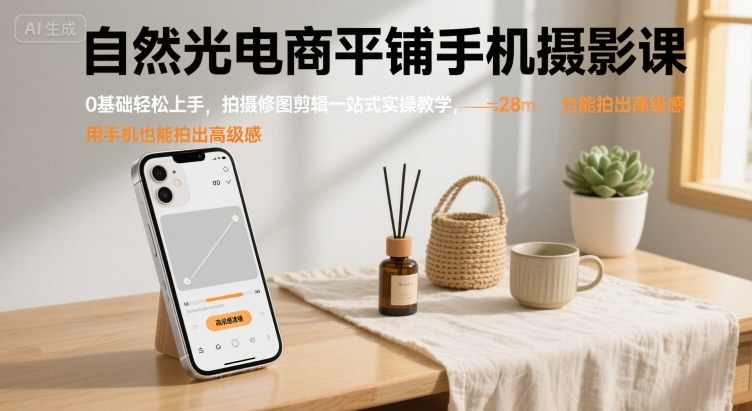 自然光电商平铺手机摄影课，0基础轻松上手，拍摄修图剪辑一站式实操教学，用手机也能拍出高级感-千寻创业网