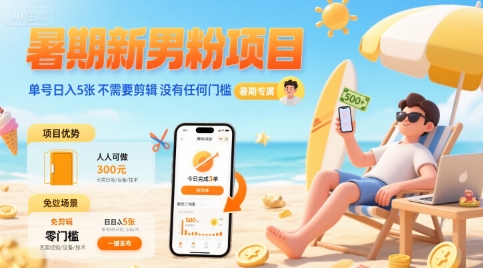 暑期新男粉项目 单号日入5张 不需要剪辑  没有任何门槛-千寻创业网