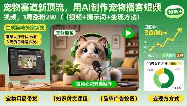 宠物赛道新顶流，用AI制作宠物播客短视频，1周涨粉2W（视频+提示词+变现方法）-千寻创业网