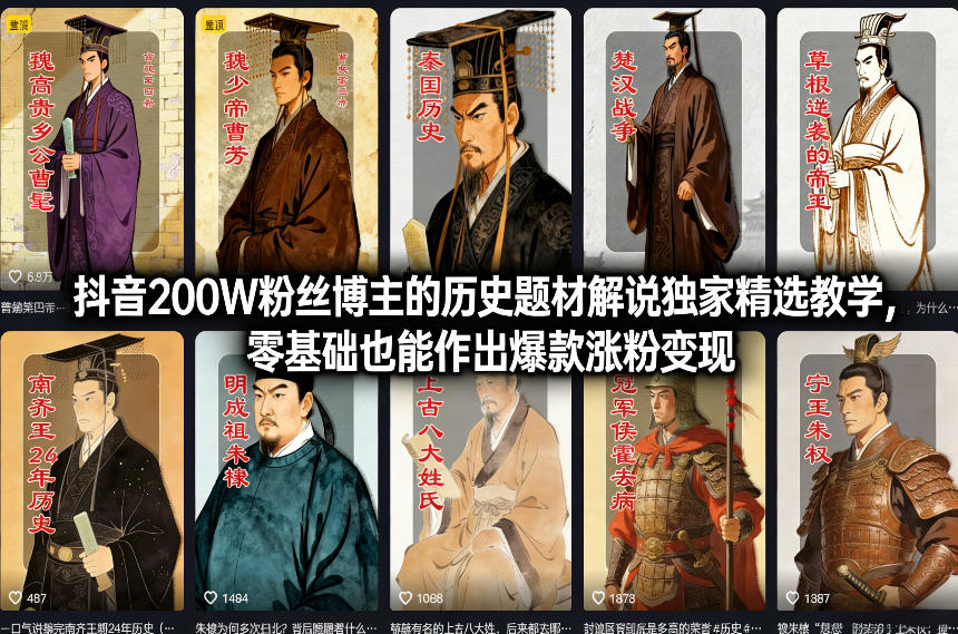 抖音200W粉丝博主的历史题材解说独家精选教学，零基础也能作出爆款涨粉变现-千寻创业网