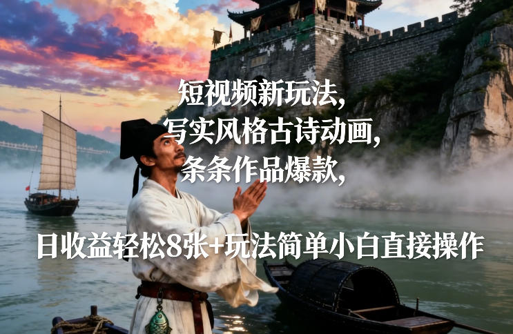 短视频新玩法，写实风格古诗动画，条条作品爆款，日收益轻松8张+玩法简单小白直接操作-千寻创业网