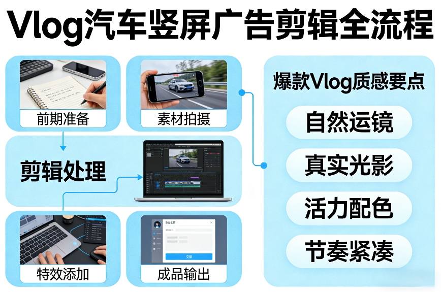 Vlog感觉汽车竖屏广告剪辑脚本全流程，拿捏爆款Vlog质感-千寻创业网