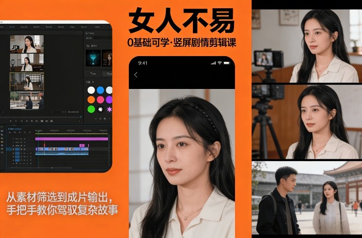 0基础可学！《女人不易》竖屏剧情剪辑课，从素材筛选到成片输出，手把手教你驾驭复杂故事-千寻创业网