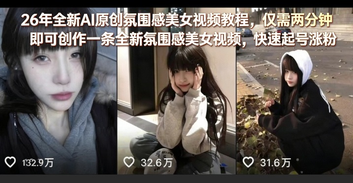 26年全新AI原创氛围感美女视频教程,仅需两分钟即可创作一条全新氛围感美女视频,快速起号涨粉-千寻创业网