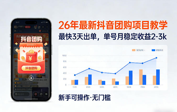 26年最新抖音团购项目教学，0门槛，最快3天出单，单号月稳定收益2-3k-千寻创业网