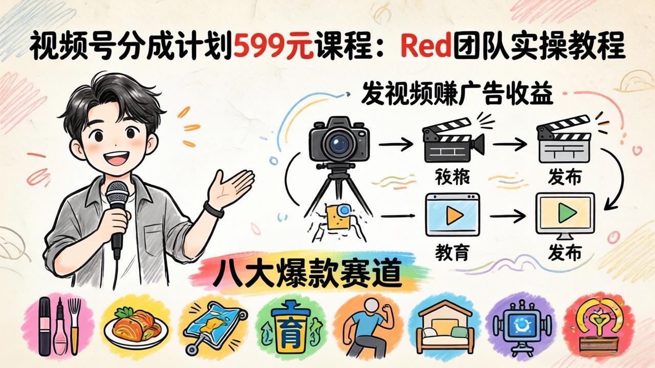 （18088期）视频号分成计划599元课程：Red团队实操教程，发视频赚广告收益，八大爆款赛道全掌握-千寻创业网