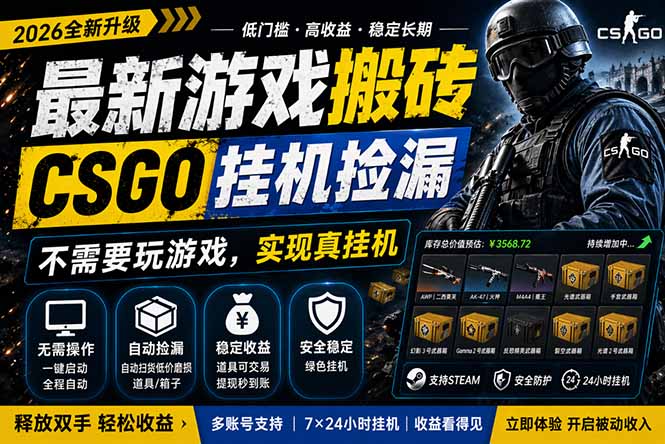 （18182期）最新游戏搬砖，CSGO纯挂机，不需要玩游戏，实现真挂机，月入1W+，五一小高峰上车可吃肉，…-千寻创业网