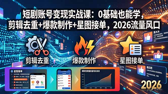 （18160期）短剧账号变现实战课：0基础也能学，剪辑去重+爆款制作+星图接单，2026流量风口-千寻创业网