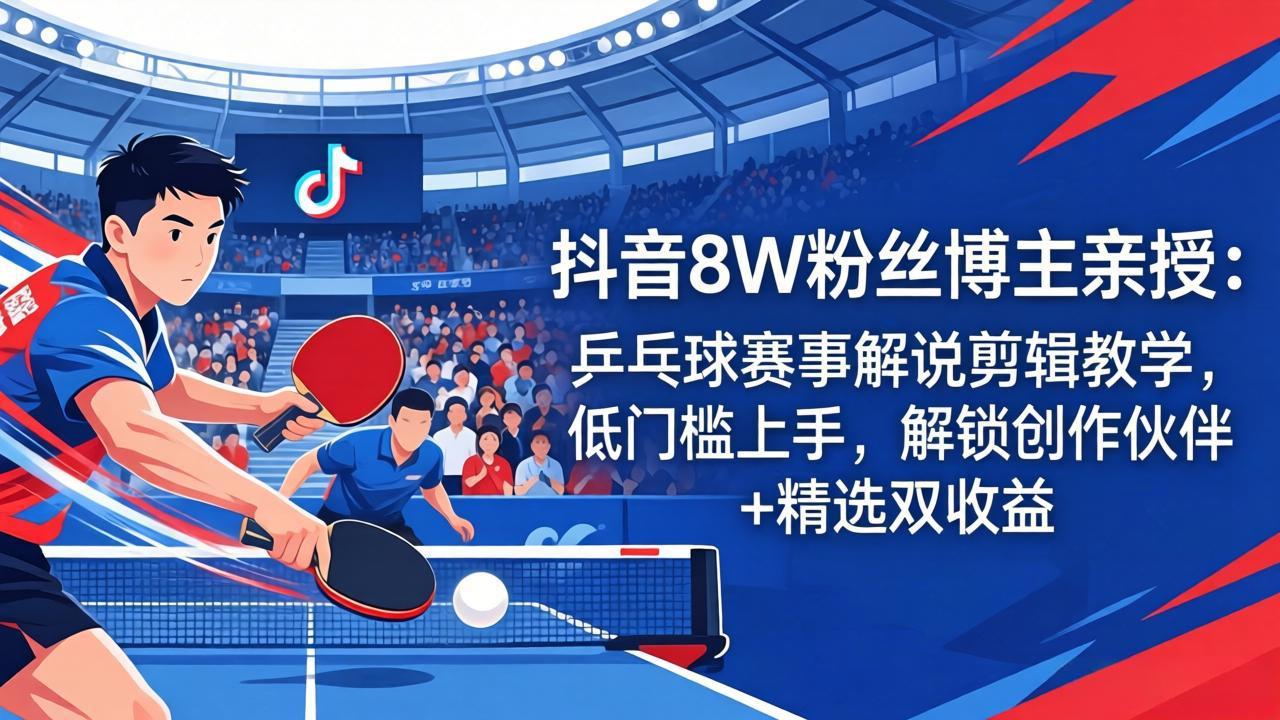 （18069期）抖音8W粉丝博主亲授：乒乓球赛事解说剪辑教学，低门槛上手，解锁创作伙伴+精选双收益-千寻创业网