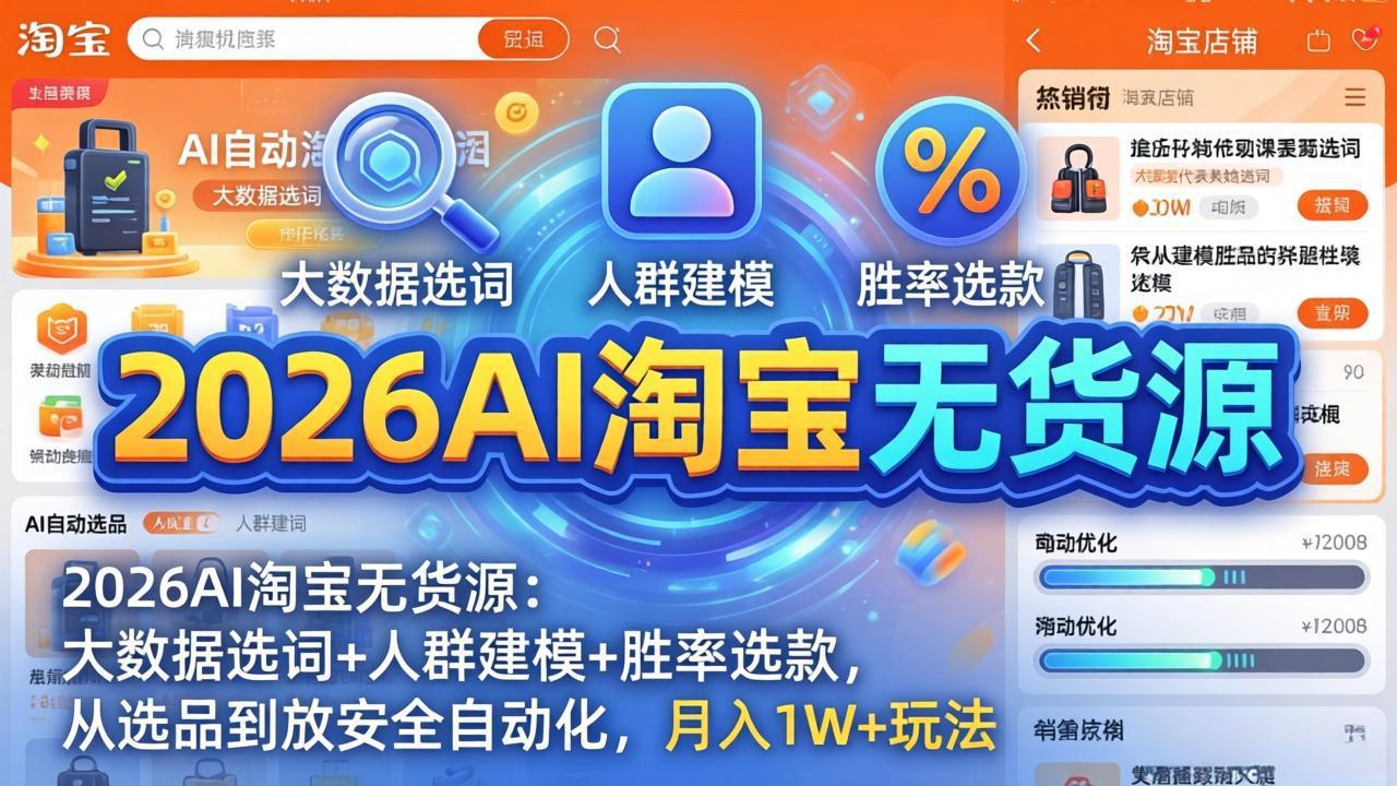 （18110期）2026AI淘宝无货源-4月19更新：大数据选词+人群建模+胜率选款，从选品到放大全自动化，月入1W+-千寻创业网