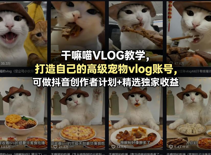 干嘛喵VLOG教学，打造自己的高级宠物vlog账号，可做抖音创作者计划+精选独家收益-千寻创业网