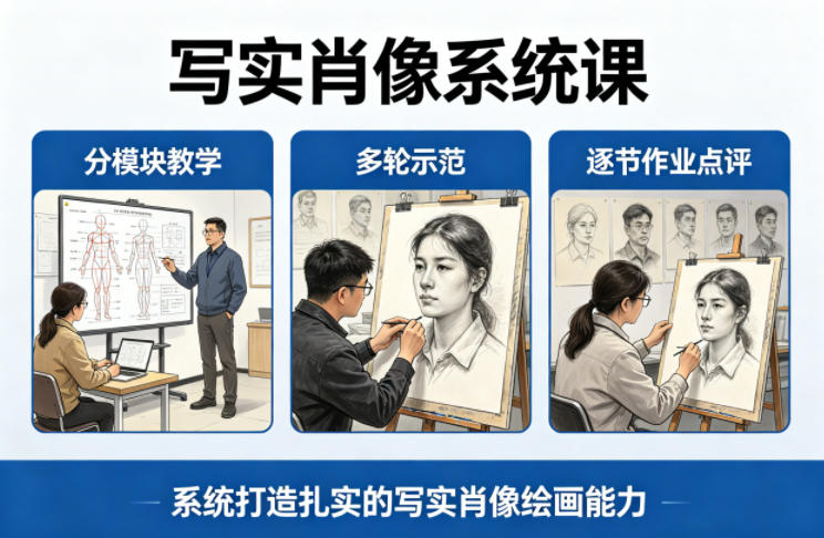 写实肖像系统课，全程分模块教学+多轮示范+逐节作业点评，系统打造扎实的写实肖像绘画能力-千寻创业网