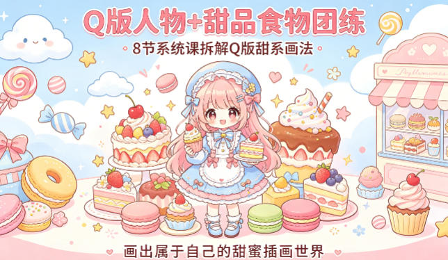 Q版人物+甜品食物团练，8节系统课拆解Q版甜系画法，画出属于自己的甜蜜插画世界-千寻创业网