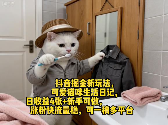 抖音掘金新玩法，可爱猫咪生活日记，日收益4张+新手可做，涨粉快流量稳，可一稿多平台-千寻创业网