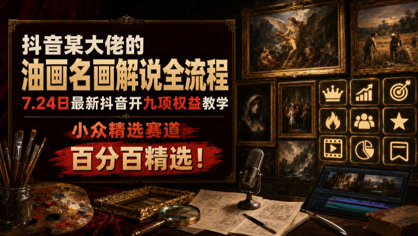 抖音某大佬的油画名画解说全流程，7.24日最新抖音开九项权益教学，小众精选赛道，百分百精选！-千寻创业网