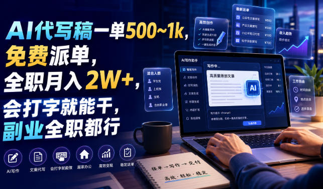 AI代写稿一单500~1k，免费派单，全职月入2W+，会打字就能干，副业全职都行【揭秘】-千寻创业网