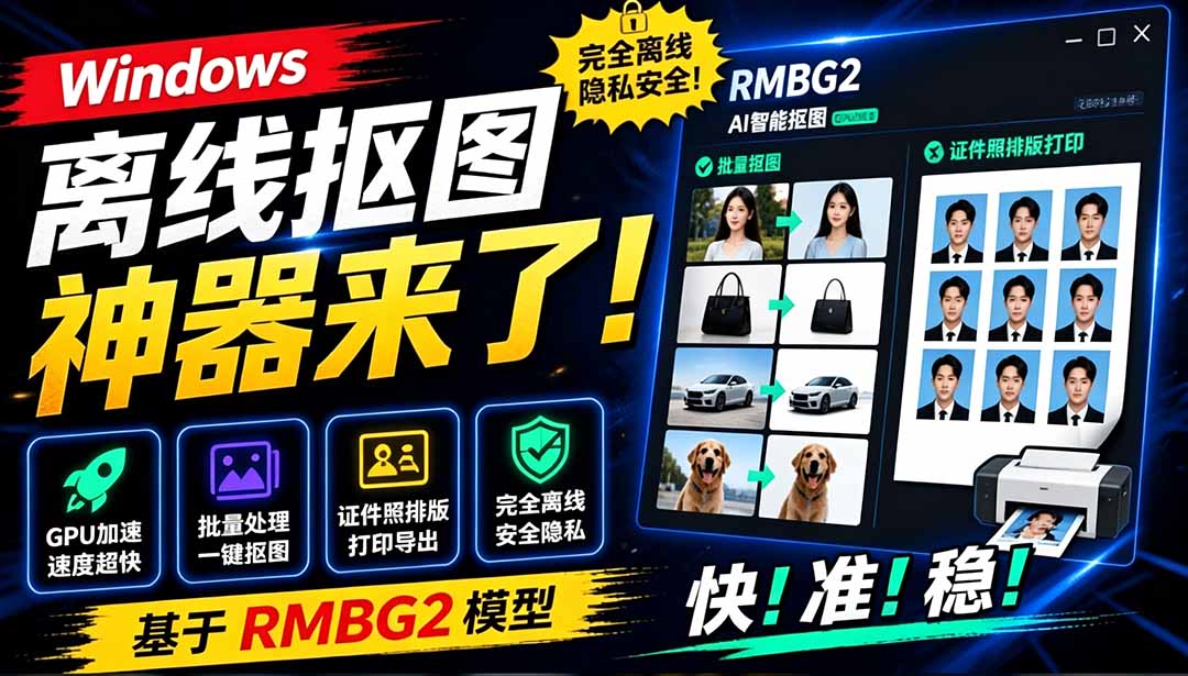 （19357期）Windows离线抠图神器来了！支持批量抠图 + 证件照排版打印，基于RMBG2模型，GPU加速 方块AI抠图-千寻创业网