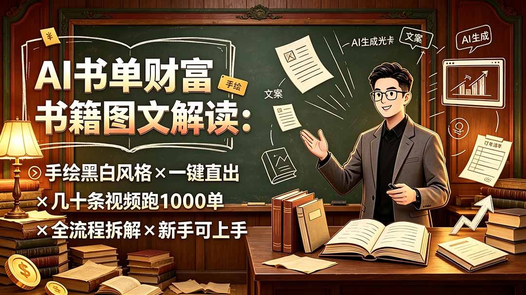 （19515期）AI书单财富书籍图文解读：手绘黑白风格×一键直出×几十条视频跑1000单×全流程拆解×新手可上手-千寻创业网
