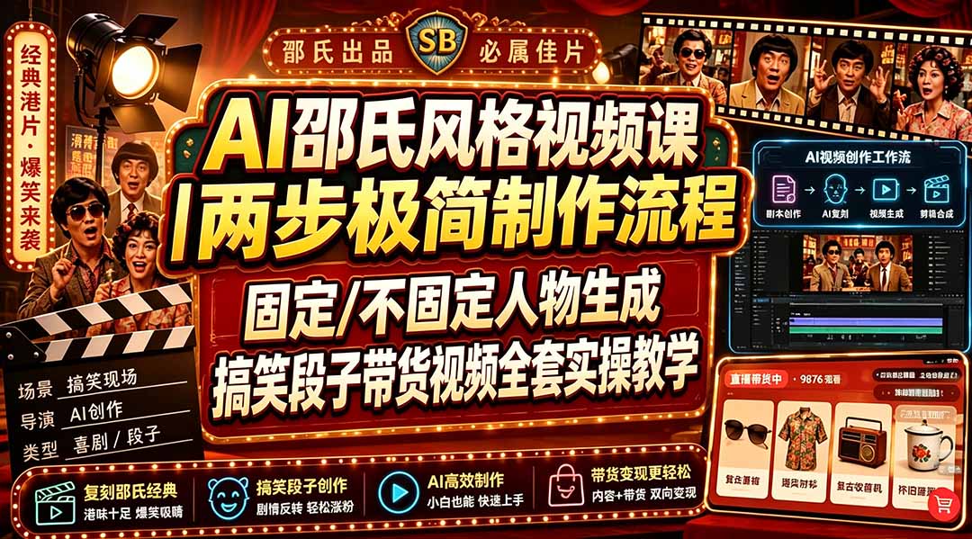 （19602期）AI邵氏风格视频课｜两步极简制作流程，固定/不固定人物生成，搞笑段子带货视频全套实操教学-千寻创业网