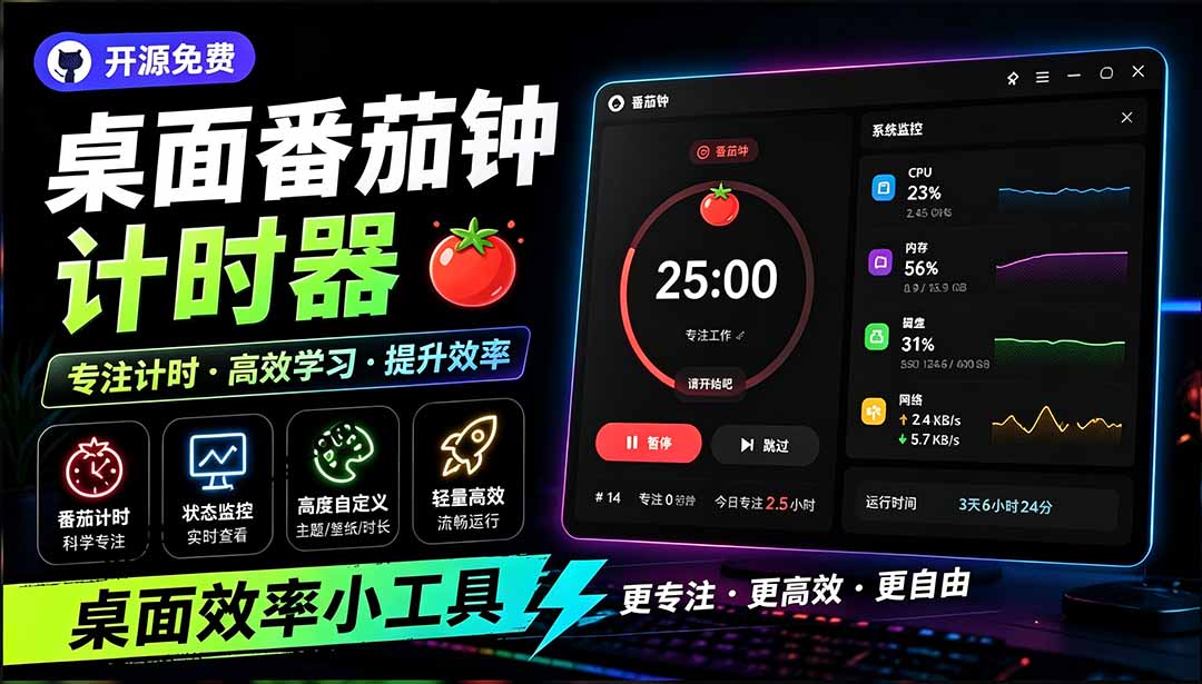 （19564期）仅1.16MB，开源极简的桌面时钟、番茄钟计时器，还支持系统监控显示，桌面效率小工具 Catime-千寻创业网
