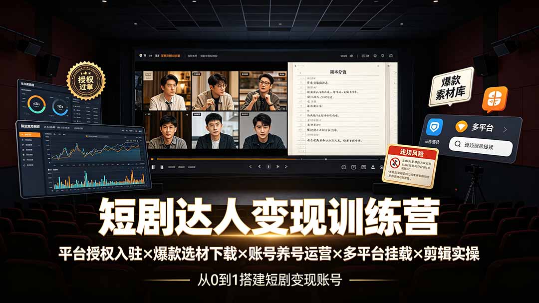 （19551期）短剧达人变现训练营：平台授权入驻×爆款选材下载×账号养号运营×多平台挂载×剪辑实操×违规处理全流程-千寻创业网