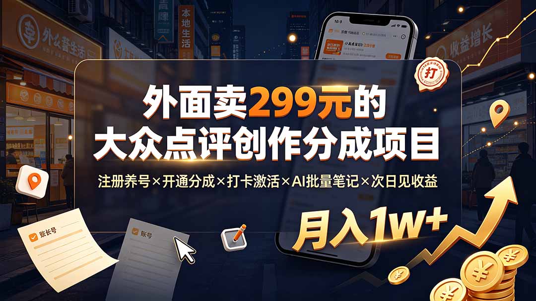 （19488期）外面卖299元的大众点评创作分成项目：注册养号×开通分成×打卡激活×AI批量笔记×次日见收益，月入1w+-千寻创业网