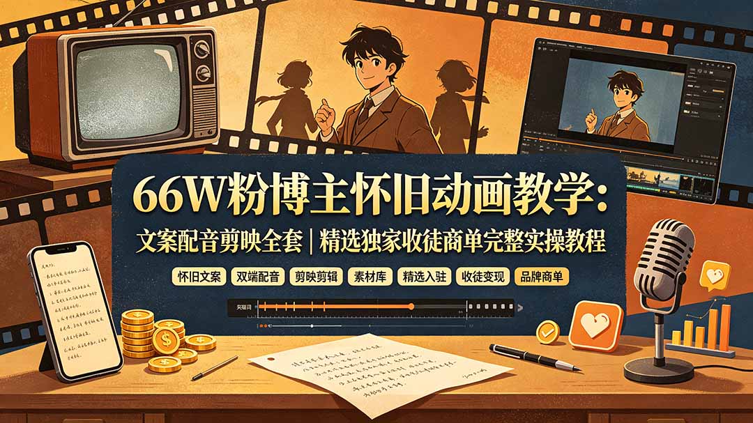 （19499期）66W粉博主怀旧动画教学：文案配音剪映全套｜精选独家收徒商单完整实操教程-千寻创业网
