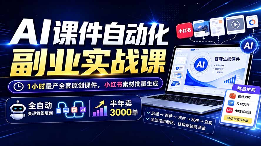 （19518期）AI课件自动化副业实战课：1小时量产全套原创课件×小红书素材批量生成×全自动变现管线×半年卖3000单-千寻创业网