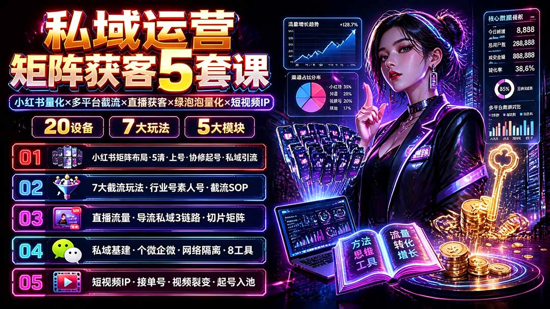 （19617期）私域运营矩阵获客5套课：小红书量化×多平台截流×直播获客×绿泡泡量化×短视频IP×20设备×7大玩法-千寻创业网