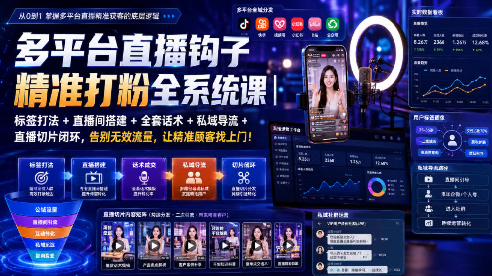 多平台直播钩子精准打粉全系统课｜标签打法+直播间搭建+全套话术+私域导流+直播切片闭环，告别无效流量，让精准顾客找上门！-千寻创业网