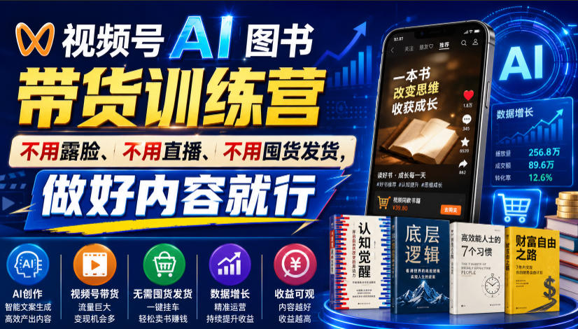 视频号AI图书带货训练营，不用露脸、不用直播、不用囤货发货，做好内容就行，一条爆款视频佣金8942-千寻创业网