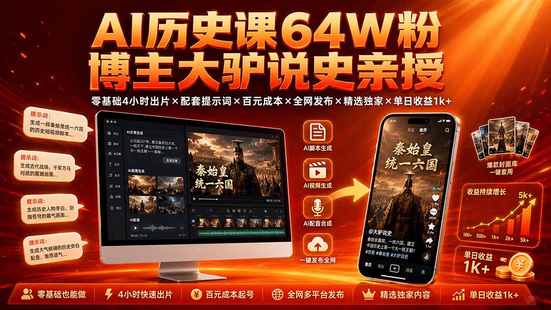（19557期）AI历史课64W粉博主大驴说史亲授：零基础4小时出片×配套提示词×百元成本×全网发布×精选独家×单日收益1k+-千寻创业网