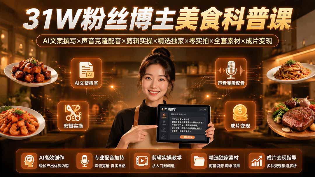 （19558期）31W粉丝博主美食科普课：AI文案撰写×声音克隆配音×剪辑实操×精选独家×零实拍×全套素材×成片变现-千寻创业网
