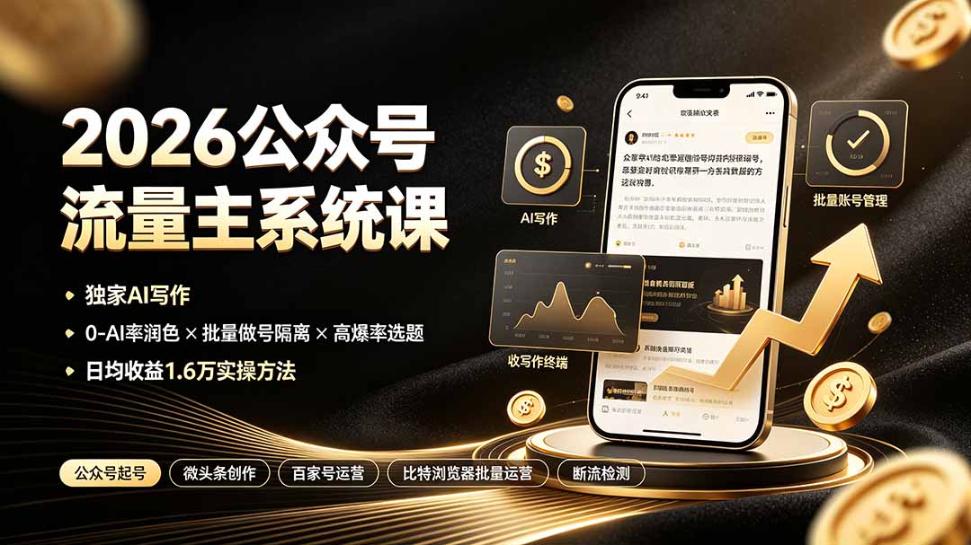 （19405期）2026公众号流量主系统课：独家AI写作×0-AI率润色×批量做号隔离×高爆率选题，日均收益1.6万实操方法-千寻创业网