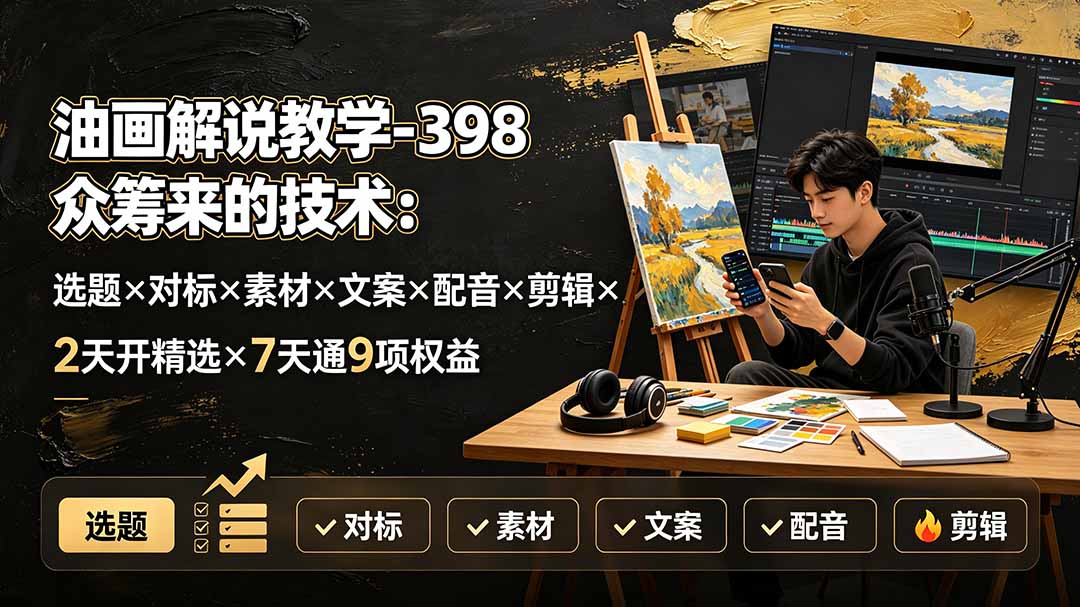 （19527期）油画解说教学-398众筹来的技术：选题×对标×素材×文案×配音×剪辑×2天开精选×7天通9项权益-千寻创业网