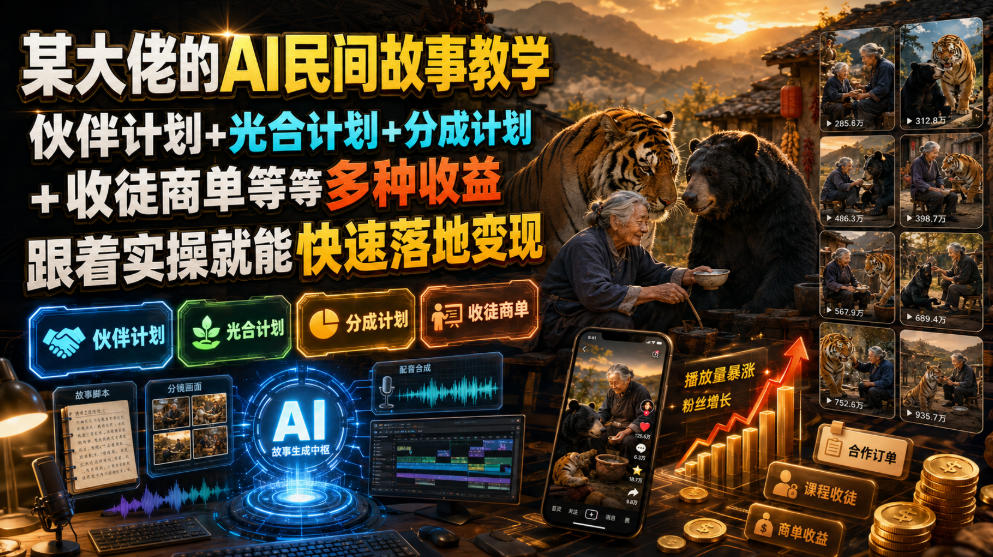 某大佬的AI民间故事教学，伙伴计划+光合计划+分成计划+收徒商单等多种收益，跟着实操就能快速落地变现-千寻创业网