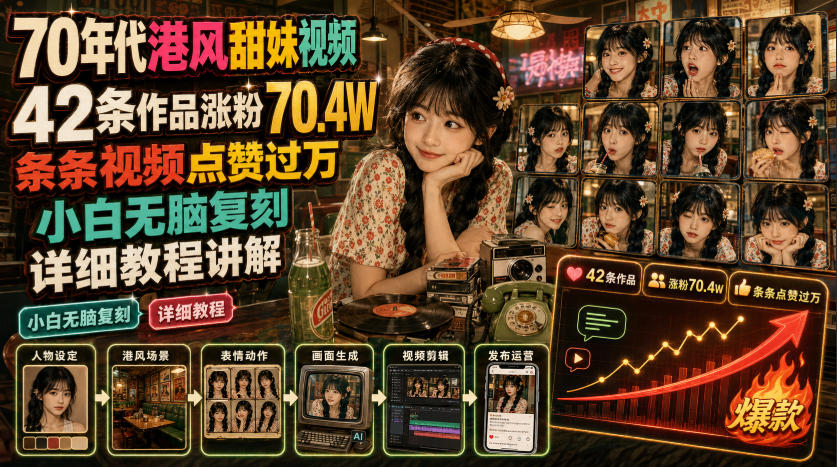 70年代港风甜妹视频，42条作品涨粉70.4W，条条视频点赞过万，小白无脑复刻，详细教程讲解-千寻创业网