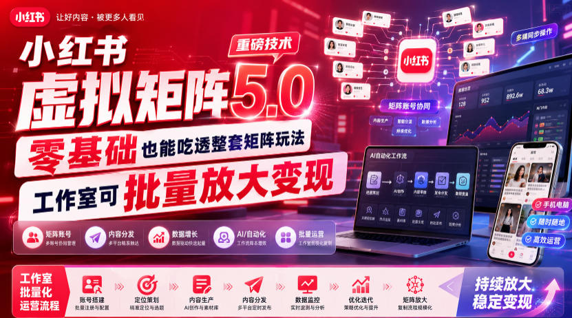 小红书虚拟矩阵5.0重磅技术，零基础也能吃透整套矩阵玩法，工作室可批量放大变现-千寻创业网