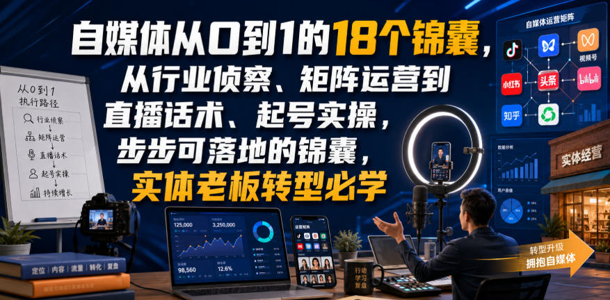 自媒体从0到1的18个锦囊，从行业侦察、矩阵运营到直播话术、起号实操，步步可落地的锦囊，实体老板转型必学-千寻创业网