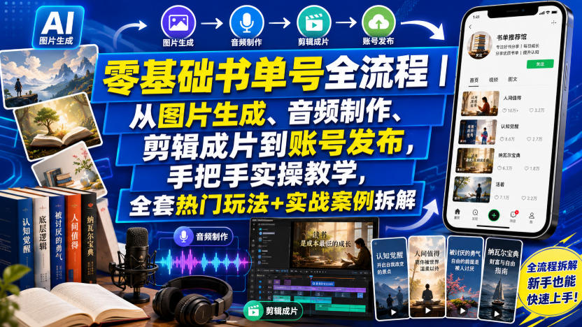 零基础书单号全流程｜从图片生成、音频制作、剪辑成片到账号发布，手把手实操教学，全套热门玩法+实战案例拆解-千寻创业网